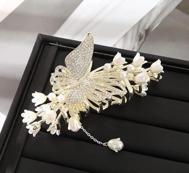 Beauty Korean 1pcs Stone Studded Pearl Butterfly Fancy Hair Claw Clip Clutcher Strong Hold Non-Slip Hair Claw Clip Clutcher Perfect Party Bridal Hair Catcher Golden Stone Studded (Pack of 1)