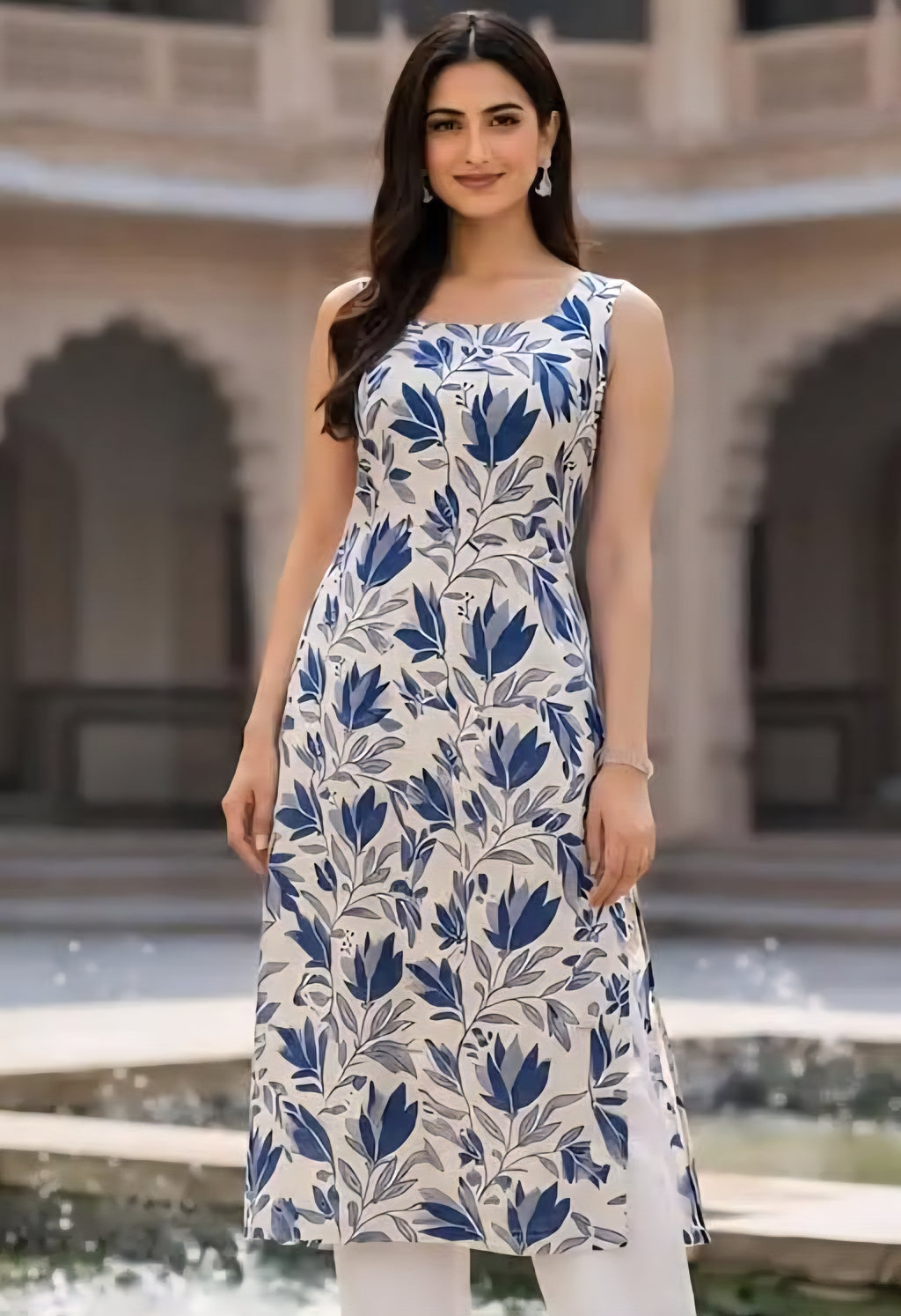 Stylish Floral Printed Sleeveless Kurti