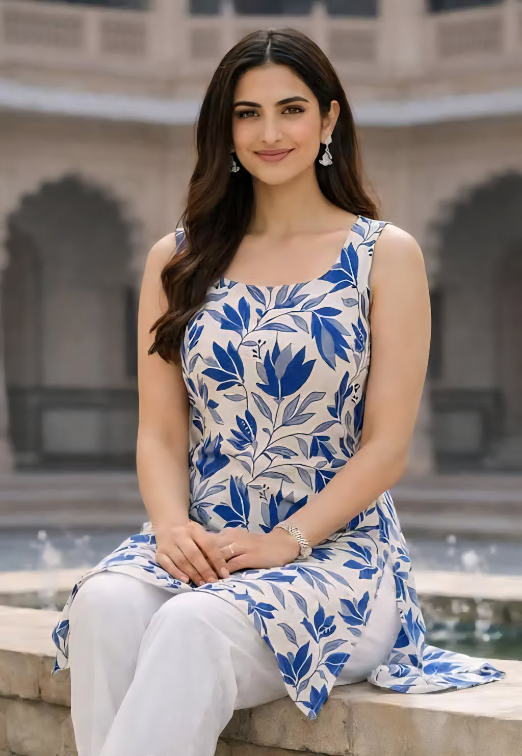 Stylish Floral Printed Sleeveless Kurti