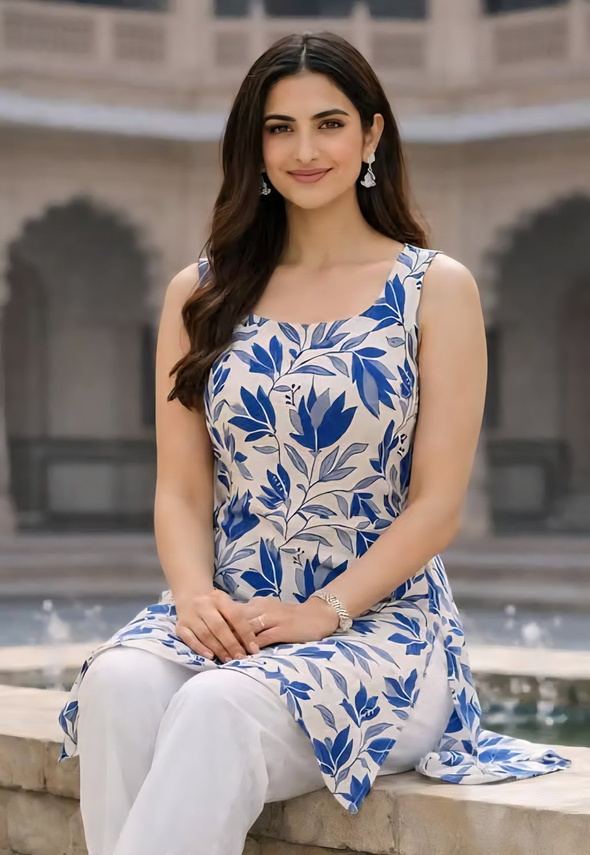 Stylish Floral Printed Sleeveless Kurti